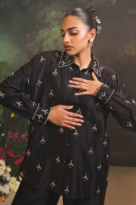 Shop Divya Aggarwal Black Denim Crystals, Embroidery Geometric Embellished Shirt And Pant Set Online at Aza Fashions Shop_Divya Aggarwal_Black Denim Crystals, Embroidery Geometric Embellished Shirt And Pant Set _Online_at_Aza_Fashions
