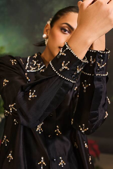 Divya Aggarwal Black Denim Crystals, Embroidery Geometric Embellished Shirt And Pant Set at Aza Fashions Divya Aggarwal_Black Denim Crystals, Embroidery Geometric Embellished Shirt And Pant Set _at_Aza_Fashions