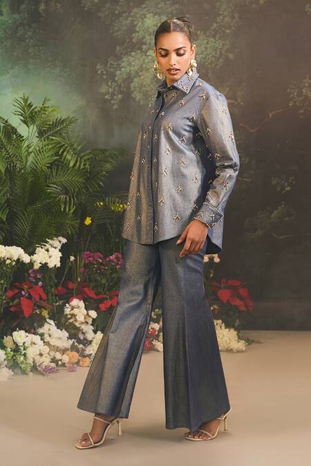 Buy Divya Aggarwal Blue Denim Crystals, Embroidery Collared Geometric Embellished Shirt And Pant Set Online at Aza Fashions Buy_Divya Aggarwal_Blue Denim Crystals, Embroidery Collared Geometric Embellished Shirt And Pant Set _Online_at_Aza_Fashions