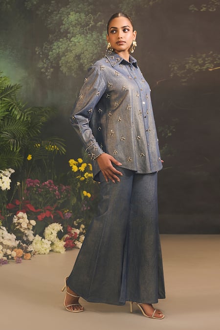 Shop Divya Aggarwal Blue Denim Crystals, Embroidery Collared Geometric Embellished Shirt And Pant Set Online at Aza Fashions Shop_Divya Aggarwal_Blue Denim Crystals, Embroidery Collared Geometric Embellished Shirt And Pant Set _Online_at_Aza_Fashions