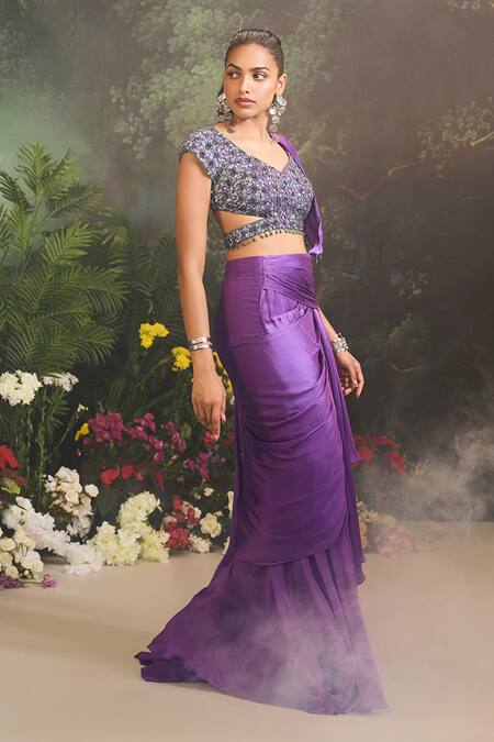 Buy Divya Aggarwal Purple Satin, Georgette Beads, Sequins, Pre-draped Saree With Embellished Blouse Buy_Divya Aggarwal_Purple Satin, Georgette Beads, Sequins, Pre-draped Saree With Embellished Blouse