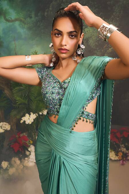 Divya Aggarwal_Green Georgette, Satin Beads, Teal Pre-draped Saree With Embellished Blouse _Online_at_Aza_Fashions