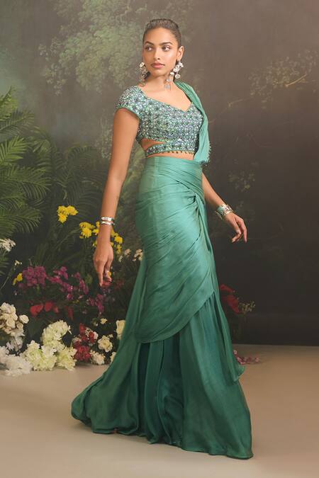 Buy_Divya Aggarwal_Green Georgette, Satin Beads, Teal Pre-draped Saree With Embellished Blouse _Online_at_Aza_Fashions