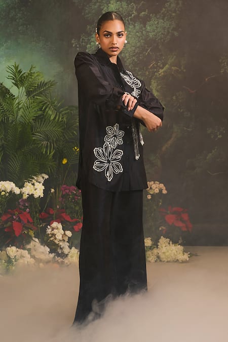 Shop_Divya Aggarwal_Black Chanderi Silk Beads Collared Floral Shirt And Pant Set _Online_at_Aza_Fashions
