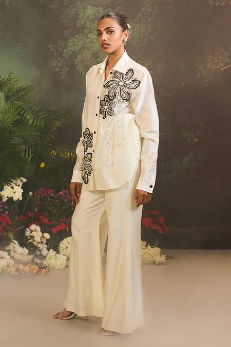 Buy_Divya Aggarwal_Ivory Chanderi Silk Beads, Embroidery Collared Floral Embellished Shirt And Pant _Online_at_Aza_Fashions