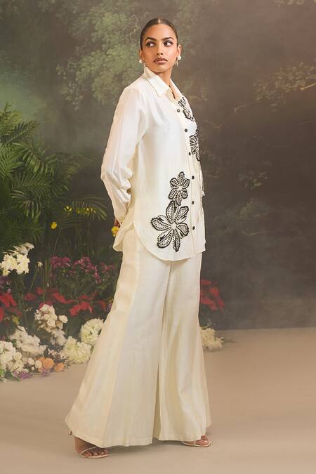 Shop_Divya Aggarwal_Ivory Chanderi Silk Beads, Embroidery Collared Floral Embellished Shirt And Pant _Online_at_Aza_Fashions
