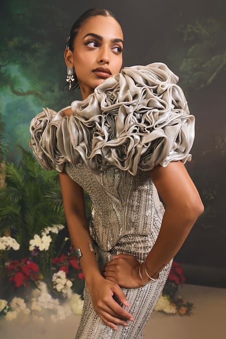 Divya Aggarwal_Silver Satin Beads, Crystals Scoop Geometric Embellished Corset Gown With Cape _at_Aza_Fashions