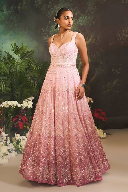 Divya Aggarwal Pink Organza Crystals, Pearls, Sequins, Beads Sweetheart Ombre Embellished Gown Online at Aza Fashions Divya Aggarwal_Pink Organza Crystals, Pearls, Sequins, Beads Sweetheart Ombre Embellished Gown _Online_at_Aza_Fashions