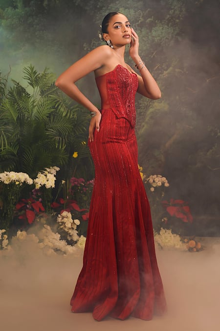 Buy_Divya Aggarwal_Red Satin Crystals, Beads Scoop Neck Embellished Gown _Online_at_Aza_Fashions