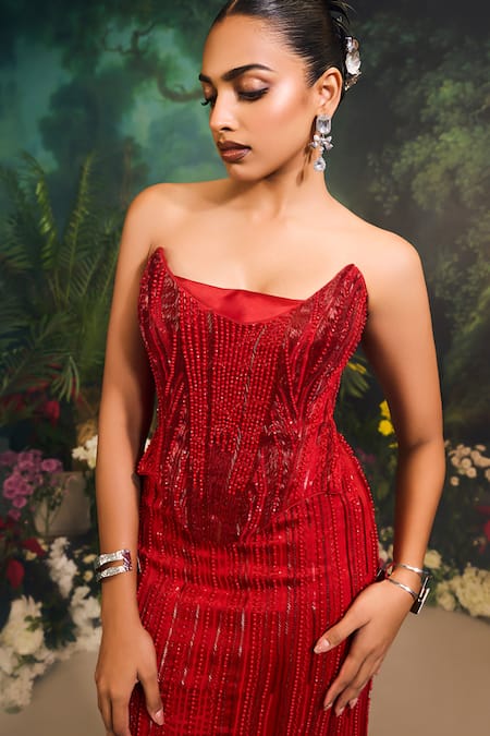 Shop_Divya Aggarwal_Red Satin Crystals, Beads Scoop Neck Embellished Gown _Online_at_Aza_Fashions