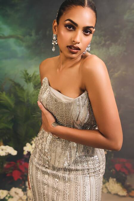 Shop_Divya Aggarwal_Silver Satin Crystals, Beads Scoop Neck Embellished Gown _Online_at_Aza_Fashions