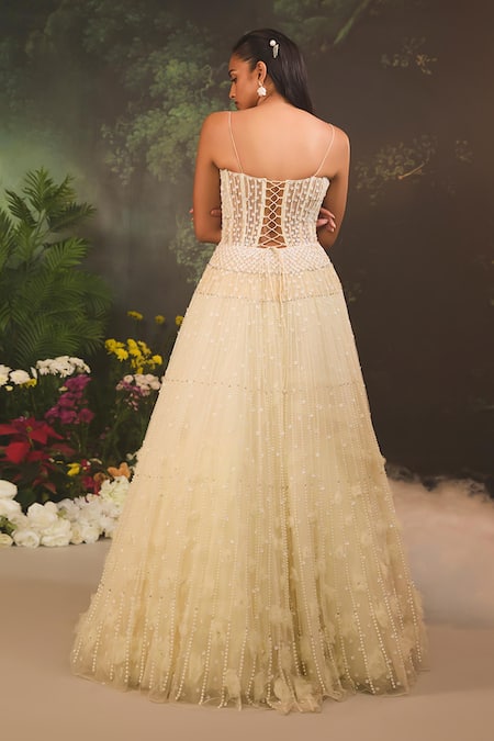 Divya Aggarwal Ivory Floral Pearl Embellished Gown 