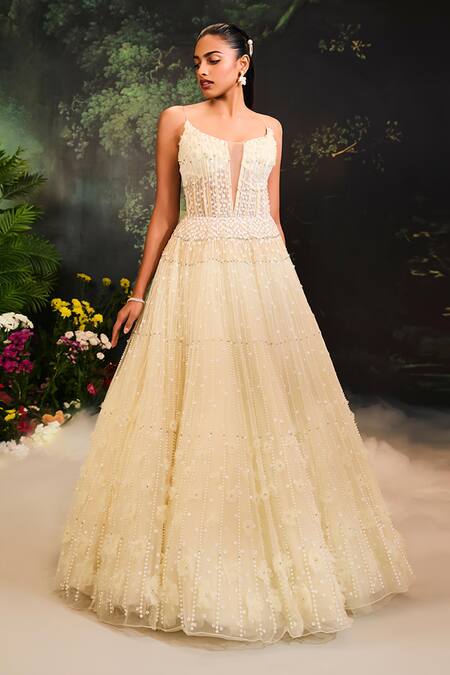 Divya Aggarwal_Ivory Tulle Pearls, Sequins Scoop Neck Floral Embellished Gown _Online_at_Aza_Fashions
