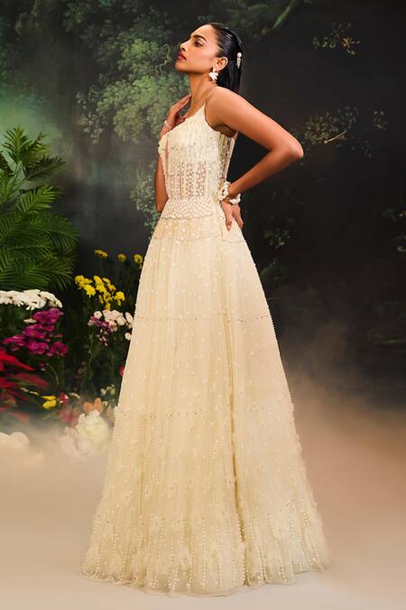 Buy_Divya Aggarwal_Ivory Tulle Pearls, Sequins Scoop Neck Floral Embellished Gown _Online_at_Aza_Fashions