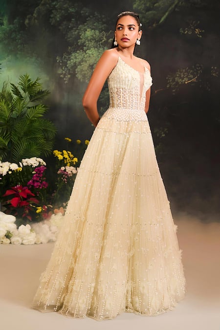 Shop_Divya Aggarwal_Ivory Tulle Pearls, Sequins Scoop Neck Floral Embellished Gown _Online_at_Aza_Fashions