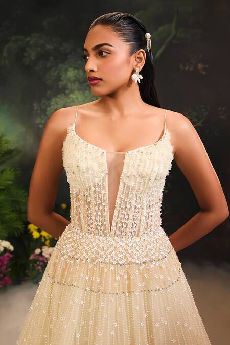 Divya Aggarwal_Ivory Tulle Pearls, Sequins Scoop Neck Floral Embellished Gown _at_Aza_Fashions