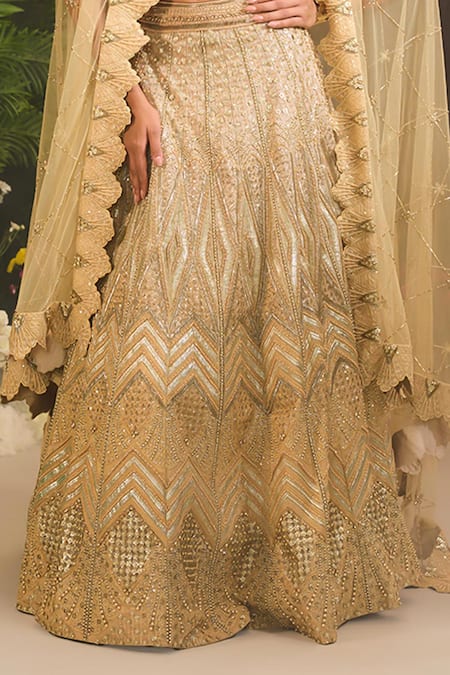 Divya Aggarwal Gold Satin, Organza, Tulle Sequins, Geometric Embellished Bridal Lehenga Set Online at Aza Fashions Divya Aggarwal_Gold Satin, Organza, Tulle Sequins, Geometric Embellished Bridal Lehenga Set _Online_at_Aza_Fashions