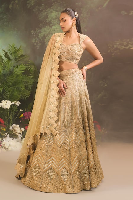 Buy Divya Aggarwal Gold Satin, Organza, Tulle Sequins, Geometric Embellished Bridal Lehenga Set Online at Aza Fashions Buy_Divya Aggarwal_Gold Satin, Organza, Tulle Sequins, Geometric Embellished Bridal Lehenga Set _Online_at_Aza_Fashions