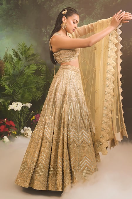 Shop Divya Aggarwal Gold Satin, Organza, Tulle Sequins, Geometric Embellished Bridal Lehenga Set Online at Aza Fashions Shop_Divya Aggarwal_Gold Satin, Organza, Tulle Sequins, Geometric Embellished Bridal Lehenga Set _Online_at_Aza_Fashions