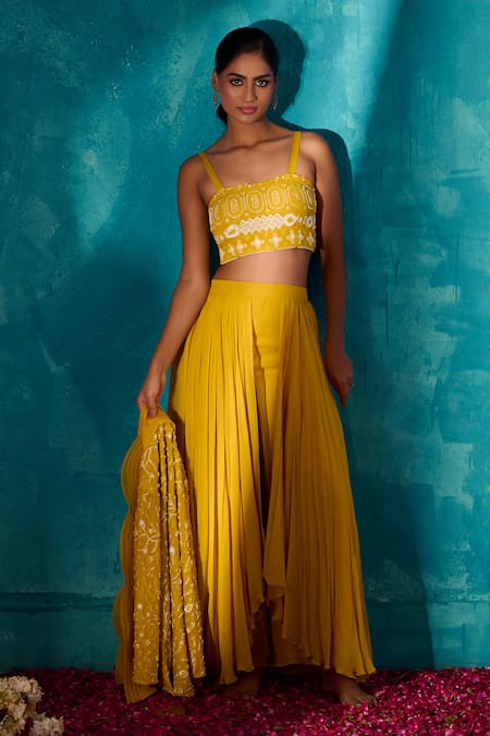 Meenal Paraswani_Yellow Viscose, Georgette Chikankari Embroidered Jacket And Flared Pant Set _Online_at_Aza_Fashions
