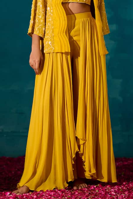 Buy_Meenal Paraswani_Yellow Viscose, Georgette Chikankari Embroidered Jacket And Flared Pant Set _Online_at_Aza_Fashions