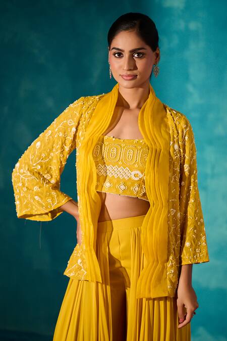 Shop_Meenal Paraswani_Yellow Viscose, Georgette Chikankari Embroidered Jacket And Flared Pant Set _Online_at_Aza_Fashions