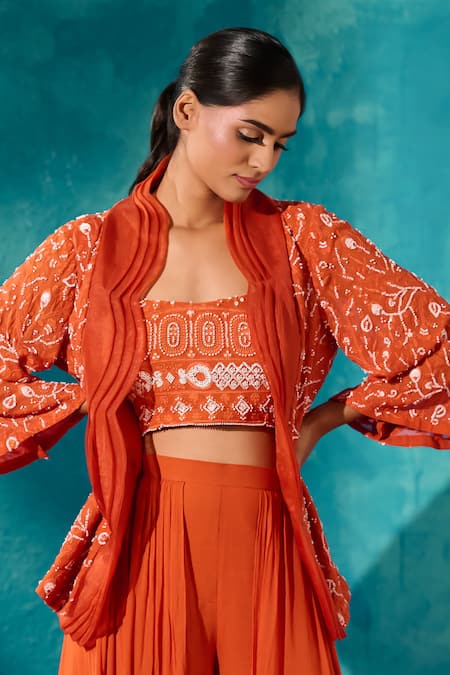 Buy_Meenal Paraswani_Orange Viscose, Georgette Chikankari Embroidered Jacket And Flared Pant Set _Online_at_Aza_Fashions