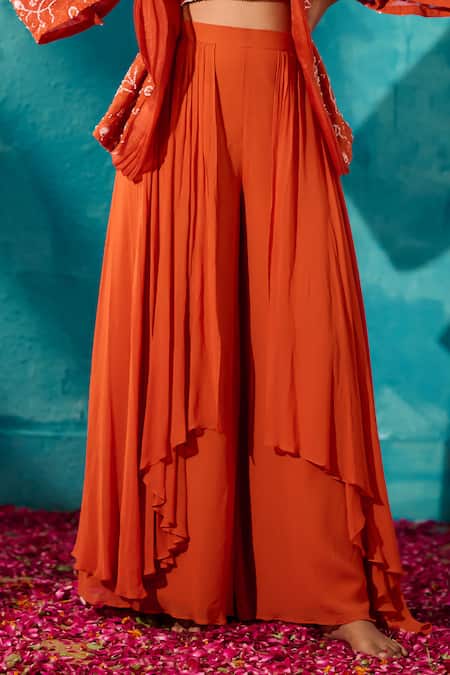 Shop_Meenal Paraswani_Orange Viscose, Georgette Chikankari Embroidered Jacket And Flared Pant Set _Online_at_Aza_Fashions