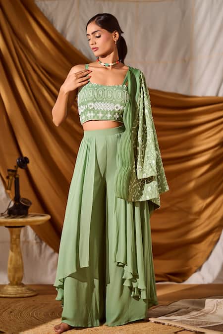 Meenal Paraswani_Green Viscose, Georgette Chains, Chikankari Jacket And Flared Pant Set _Online_at_Aza_Fashions