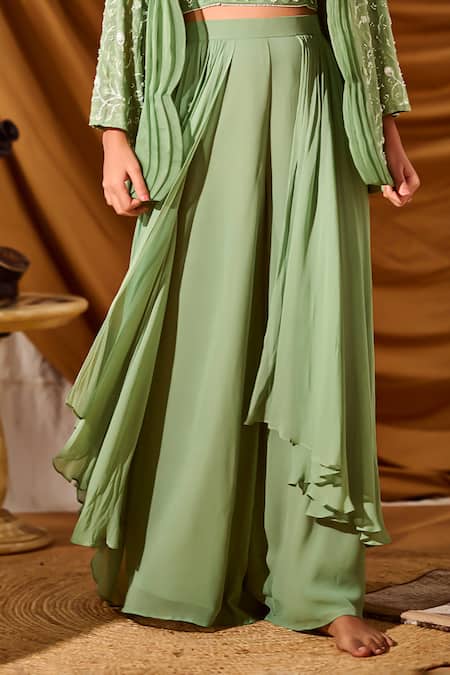 Buy_Meenal Paraswani_Green Viscose, Georgette Chains, Chikankari Jacket And Flared Pant Set _Online_at_Aza_Fashions