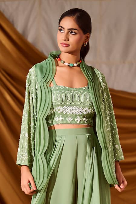 Shop_Meenal Paraswani_Green Viscose, Georgette Chains, Chikankari Jacket And Flared Pant Set _Online_at_Aza_Fashions