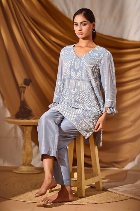 Meenal Paraswani_Blue Viscose, Georgette Sequins, Beads Chikankari Mosaic Embroidered Kurta Set _Online_at_Aza_Fashions