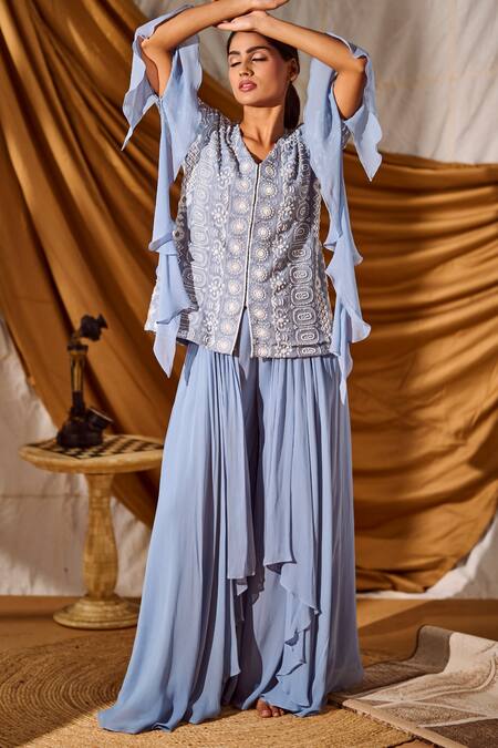 Meenal Paraswani_Blue Viscose, Georgette Sequins, Chikankari Embroidered Jacket And Flared Pant _Online_at_Aza_Fashions