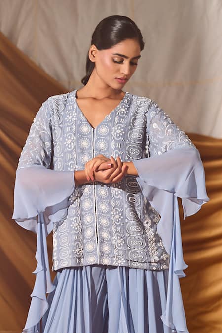 Buy_Meenal Paraswani_Blue Viscose, Georgette Sequins, Chikankari Embroidered Jacket And Flared Pant _Online_at_Aza_Fashions