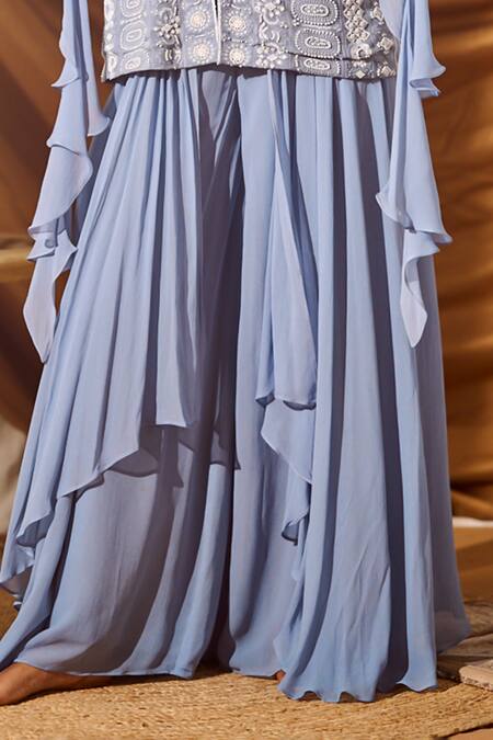 Shop_Meenal Paraswani_Blue Viscose, Georgette Sequins, Chikankari Embroidered Jacket And Flared Pant _Online_at_Aza_Fashions