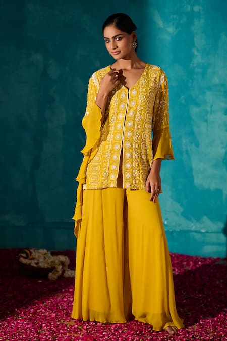 Meenal Paraswani_Yellow Viscose, Georgette Chains, Chikankari Embroidered Jacket And Flared Pant _Online_at_Aza_Fashions