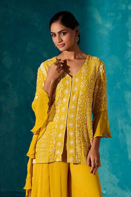 Buy_Meenal Paraswani_Yellow Viscose, Georgette Chains, Chikankari Embroidered Jacket And Flared Pant _Online_at_Aza_Fashions