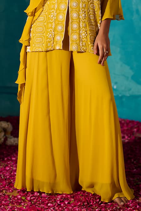 Shop_Meenal Paraswani_Yellow Viscose, Georgette Chains, Chikankari Embroidered Jacket And Flared Pant _Online_at_Aza_Fashions