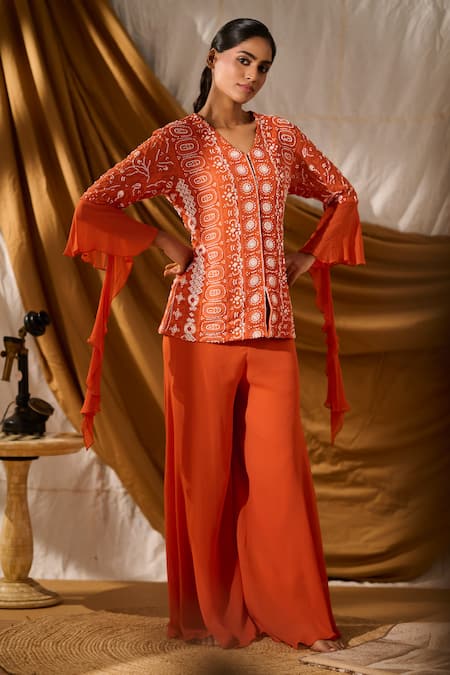 Meenal Paraswani Chikankari Embroidered Jacket & Flared Pant Set 