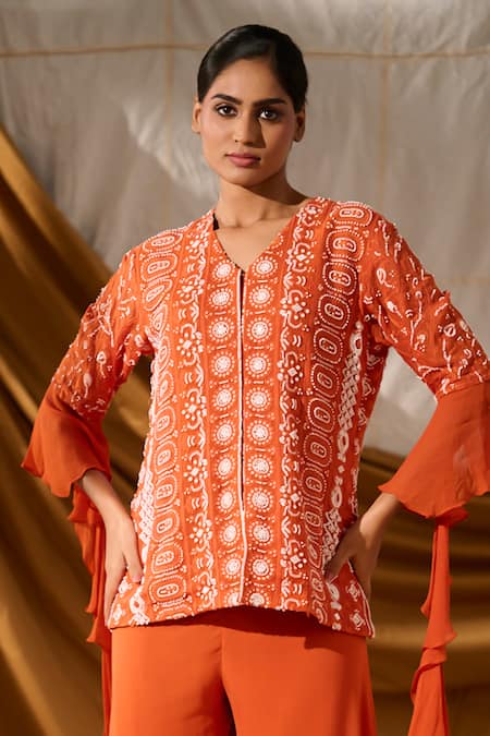 Buy_Meenal Paraswani_Orange Viscose, Georgette Chikankari Embroidered Jacket And Flared Pant Set _Online_at_Aza_Fashions