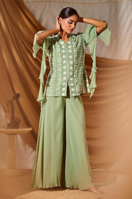 Meenal Paraswani Chikankari Embroidered Jacket & Flared Pant 