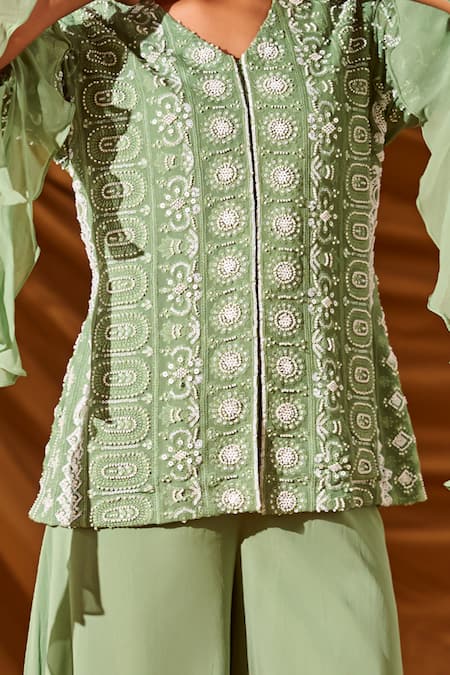 Meenal Paraswani_Green Viscose, Georgette Embroidery, Sequins, Chikankari Jacket And Flared Pant _Online_at_Aza_Fashions