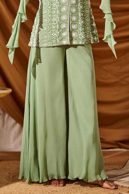 Buy_Meenal Paraswani_Green Viscose, Georgette Embroidery, Sequins, Chikankari Jacket And Flared Pant _Online_at_Aza_Fashions