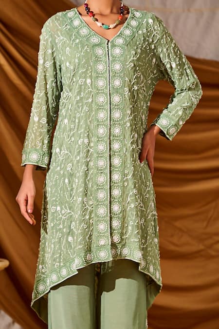 Meenal Paraswani Green Georgette, Viscose Sequins Chikankari Embroidered High-low Kurta Set Online at Aza Fashions Meenal Paraswani_Green Georgette, Viscose Sequins Chikankari Embroidered High-low Kurta Set _Online_at_Aza_Fashions