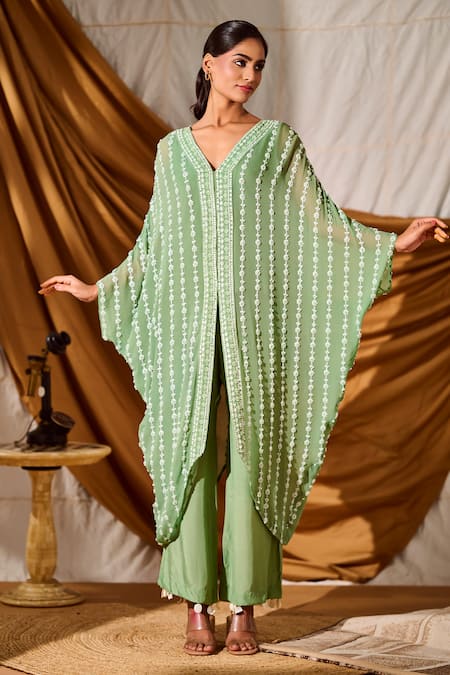 Meenal Paraswani Sage Green Chikankari Kaftan & Pant Set 