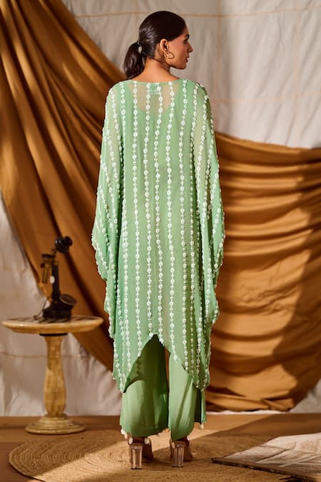 Meenal Paraswani Sage Green Chikankari Kaftan & Pant Set 