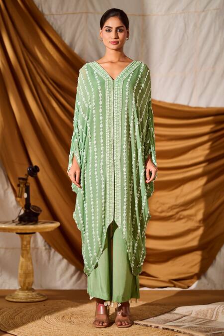 Meenal Paraswani_Green Georgette Embroidery, Beads, Tassels Sage Chikankari Kaftan And Pant Set _Online_at_Aza_Fashions