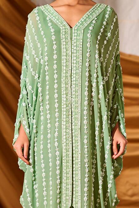 Buy_Meenal Paraswani_Green Georgette Embroidery, Beads, Tassels Sage Chikankari Kaftan And Pant Set _Online_at_Aza_Fashions