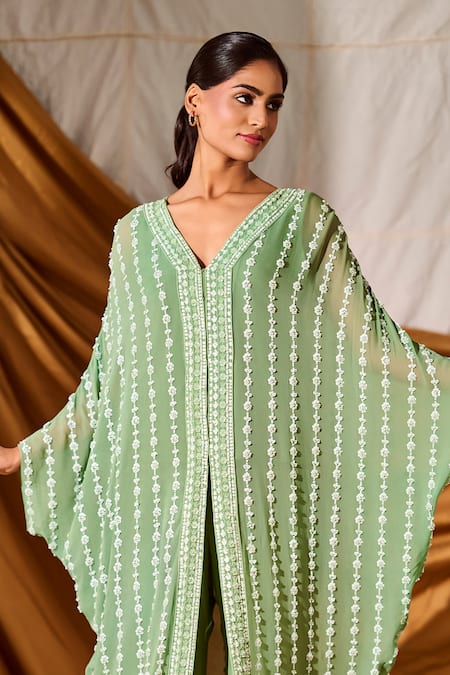 Shop_Meenal Paraswani_Green Georgette Embroidery, Beads, Tassels Sage Chikankari Kaftan And Pant Set _Online_at_Aza_Fashions