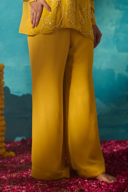 Meenal Paraswani_Yellow Viscose, Georgette Chains, Chikankari Embroidered Shirt And Pant Set _Online_at_Aza_Fashions